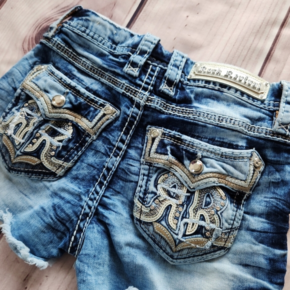 Rock Revival "Nadine" Mid Rise Stretch Cutoff Short Blue Denim | Women's Size 25 - Picture 10 of 15